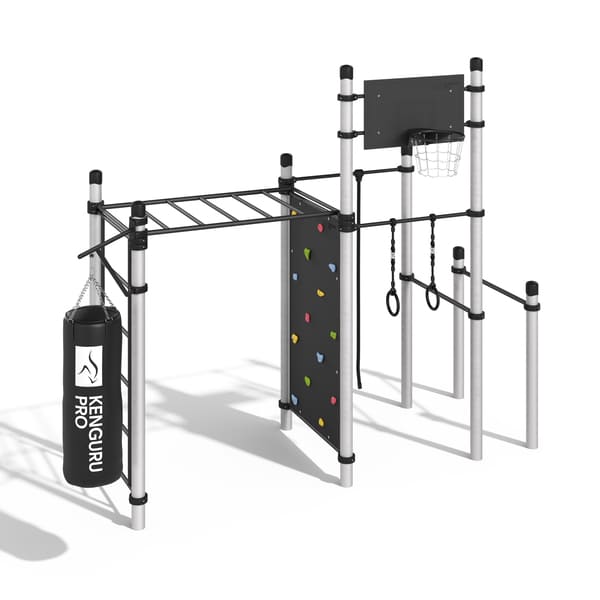 Кастра (Алюминий) - 2 турника, рукоход, шведская стенка, скалодром, баскетболный щит, брусья, боксерский мешок, кольца и канат